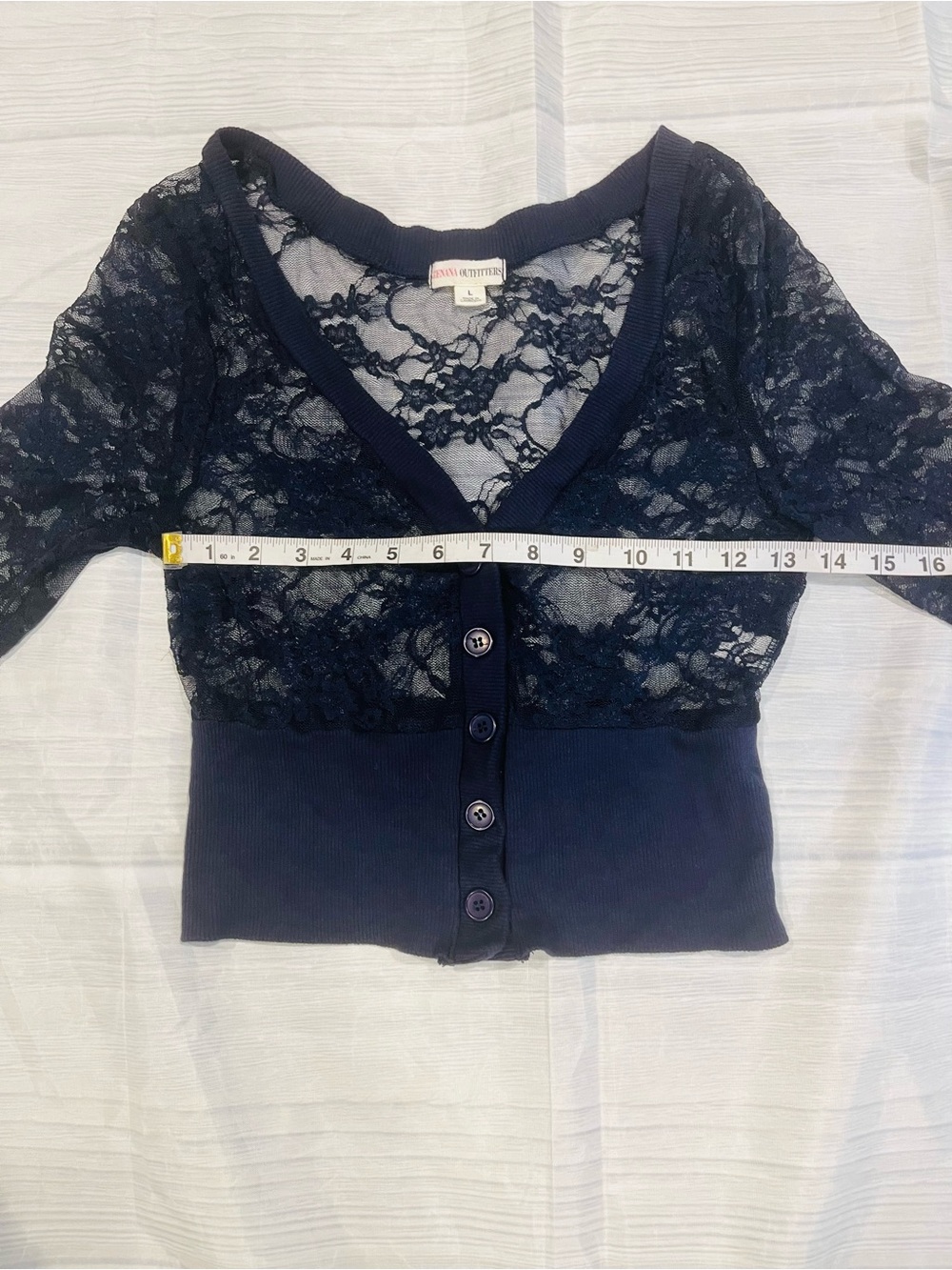 Zenana Outfitters Lace Navy Floral Button-Front Crop Top Cardigan - Picture 8 of 10